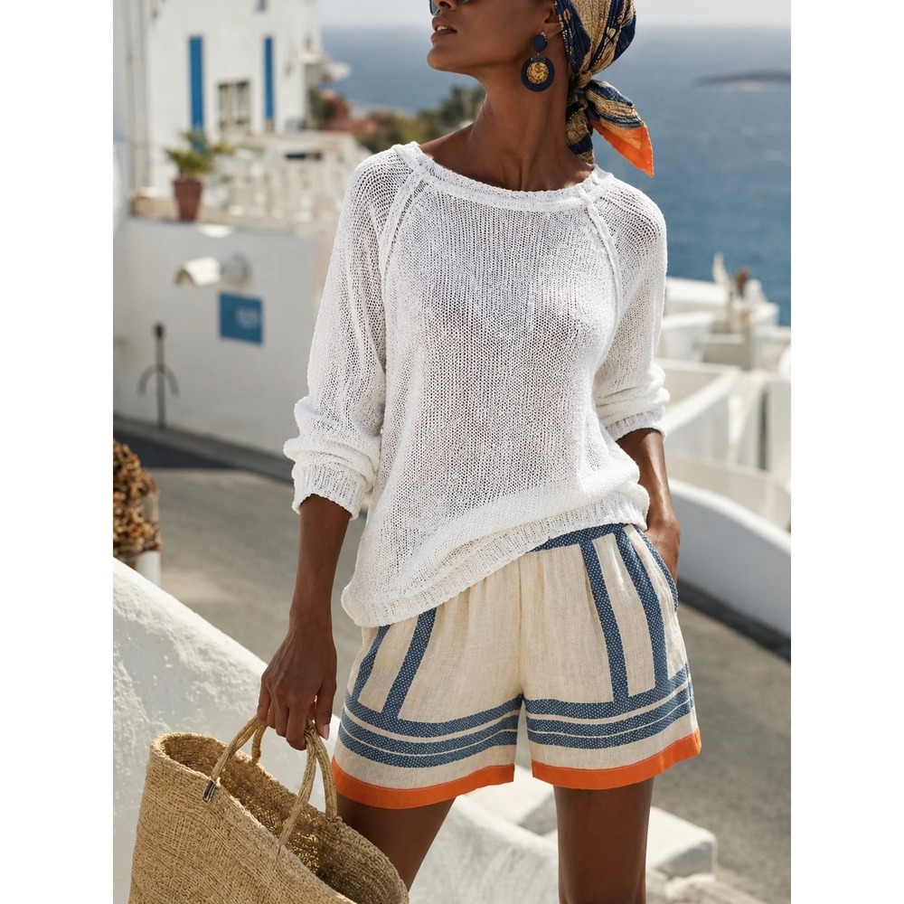 Georgina Estefania White Open Knit Cutout Sleeve Sweater XL Coastal Boho